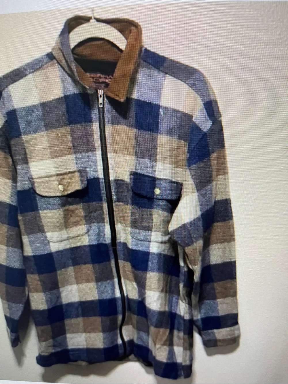 Men's Blue and Brown Plaid Zip Jacket with Corduroy Collar